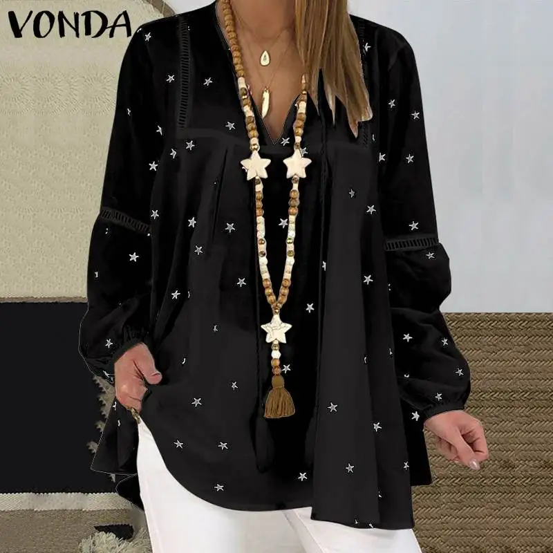 Размера плюс блузка для женщин VONDA 2021 Винтаж V образным вырезом с принтом со