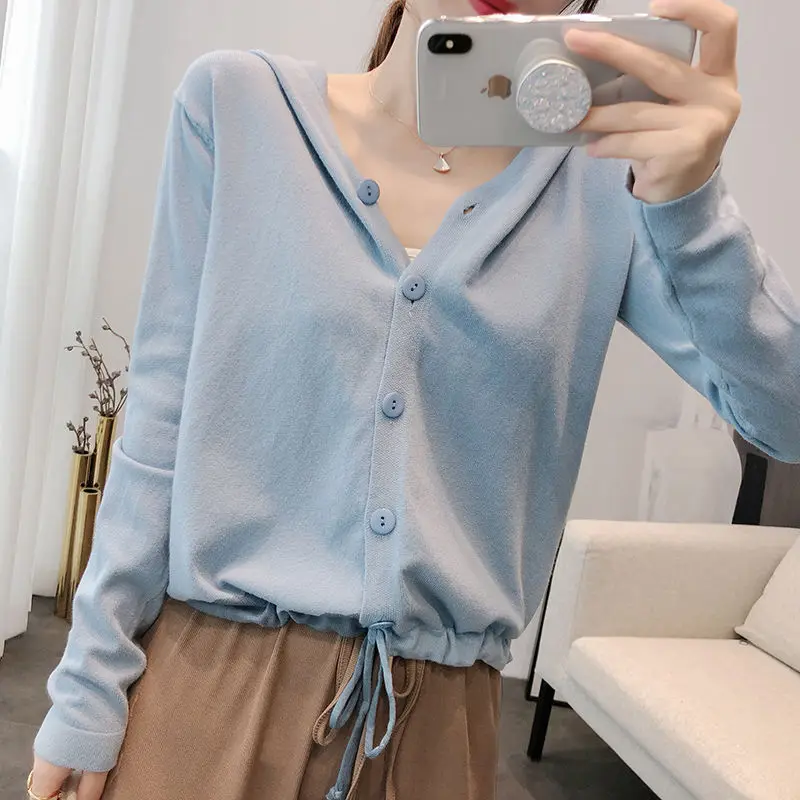 Женский вязаный кардиган с капюшоном весна-осень 2020 однотонный свободный