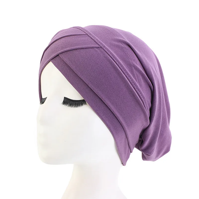 

polyester Solid color Stretch Turban Ruffle Hair Hats Beanie Bandanas Scarf Head Wrap Headwear for Women 37
