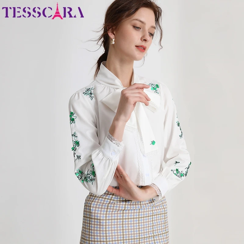 Роскошная женская блузка TESSCARA с вышивкой рубашка женский элегантный белый топ