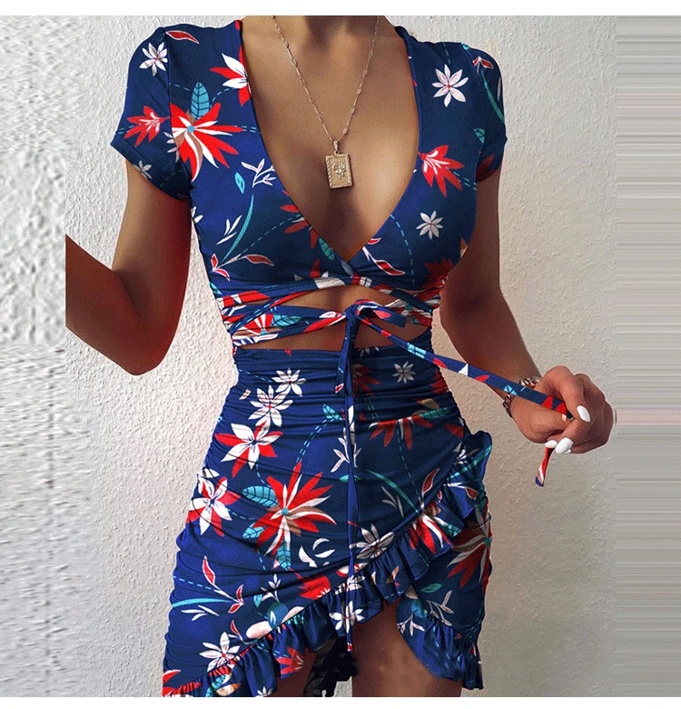 

Floral Print Fashion Tie Up Wrap Mini Dress 2021 Summer Holiday Ruffles Sundress Ruched Women's Dress Short Sleeve Cryp graphic
