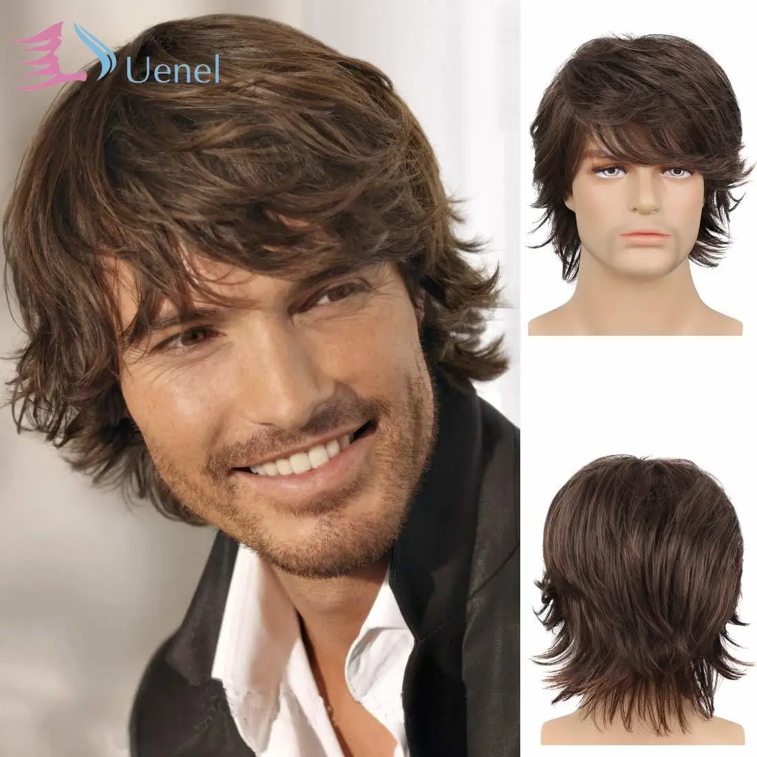 

Uenel Brown Wig Men's Short Layered Curly Wavy Wigs for Men Synthetic Hair Wigs Heat Resistant with Wig Cap Cosplay Halloween