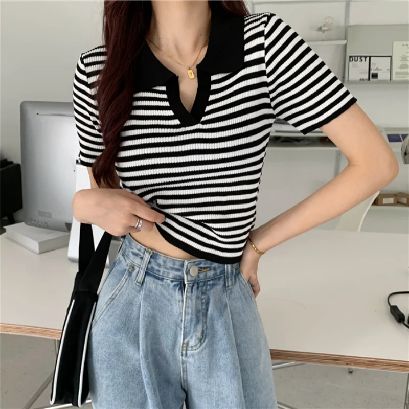 

French Style Polo Collar Short Sleeve Women T-shirt Summer Fashion Stripe Knitted Crop Top Streetwear Casual Female Tees