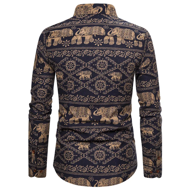 Мужская приталенная рубашка с длинным рукавом полосатая принтом слонов в стиле