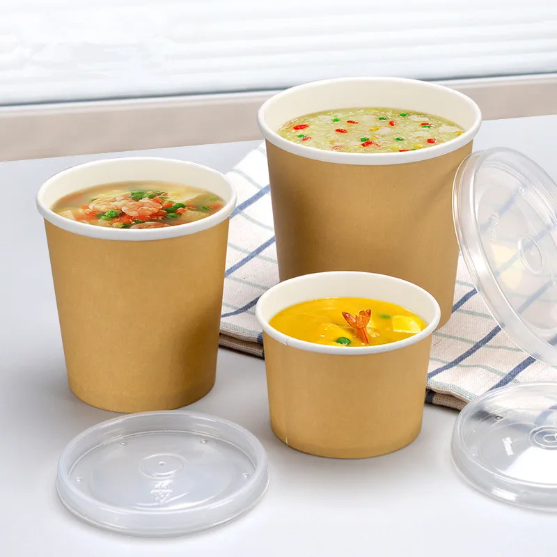 

50pcs Kraft paper disposable soup barrel paper bowl white round salad fruit cups takeaway porridge food dessert cup with lid