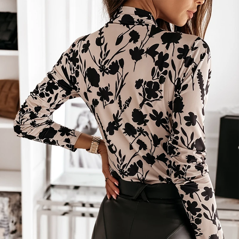 

Sexy Women Chiffon Shirts for Spring Autumn 2021 V Neck Long Sleeve Print Office Lady Slim Pullovers Classic Top