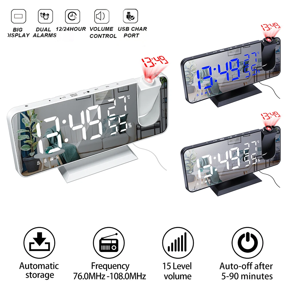 

3 Color LED Digital Alarm Clock Radio Projection With Temperature And Humidity Mirror Clock Multifunctional Bedside Time Display