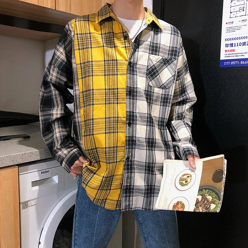 New Men Oversized Cotton Plaid Shirt 2021 Man Hip Hop Patchwork Button Up Long Sleeve Shirt Couple Korean Harajuku Clothing