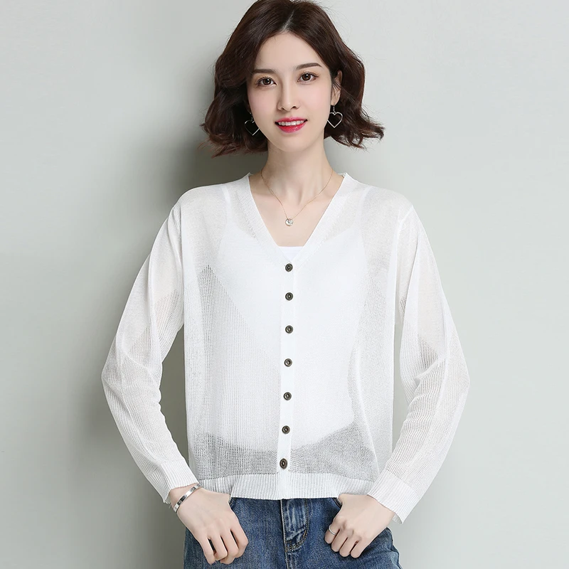 

2021 New Women Spring and Summer Knitted Cardigans Loose Short Paragraph Coats Casual V-neck Thin Sweater Women 8 Colors