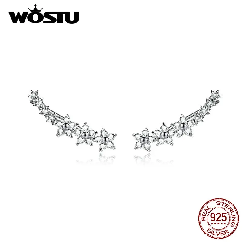 WOSTU, настоящее 925 пробы, серебряные серьги-гвоздики с тонким цветком, сверкающие циркониевые маленькие серьги для женщин, свадебные украшения CQE712