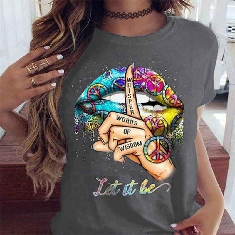 

LET IT BE Colorful Lip Print T Shirt Women Short Sleeve O Neck Loose Tshirt Summer Women Tee Shirt Tops Camisetas Mujer