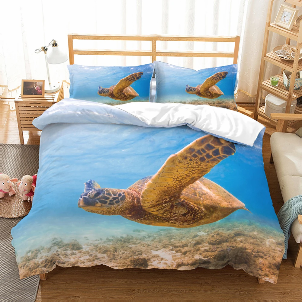 

2/3 Piece Sea Turtle Blue Bedding Set Dolphin Shark Bed Cover Kids Bed Comforter Cover Pillowcase Queen King Bedspread Dropship