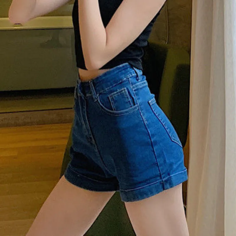 

Women's Juniors Stretchy Denim High Waisted Folded Hem Curvy Fit Jeans Shorts Mujer Feminino Summer Sexy Slim Denim Pants Bottom