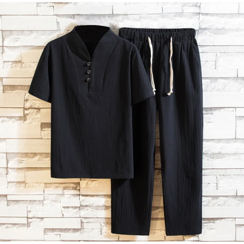 

2020 Mens Summer Chinese Style Cotton Linen Solid Color Casual Set 2 Pieces New Stand Collar Short Sleeve T-shirt+Pants