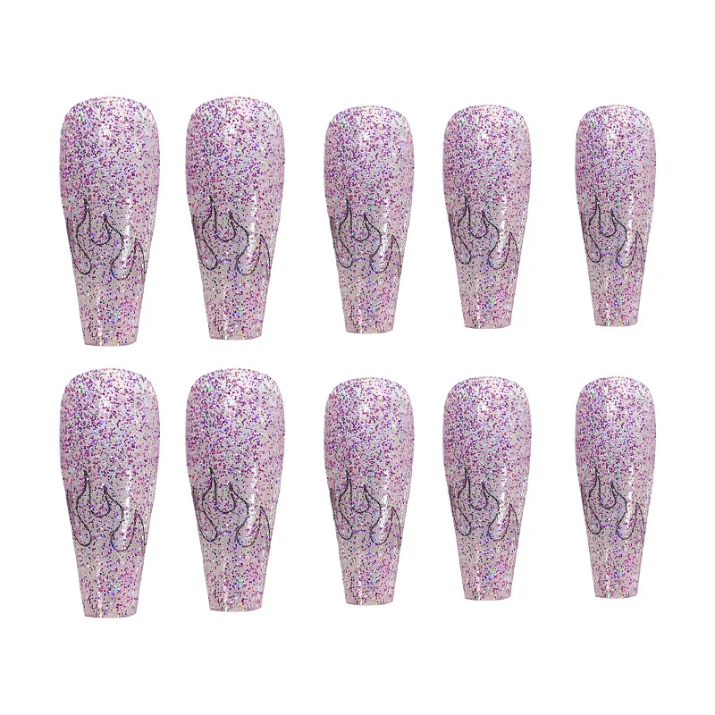 24pcs/box Long Stiletto Fake Nails Purple Sequin Flame Punk  Full Cover False Nails Artificial Nail Tips Manicure Tools COL-JSP
