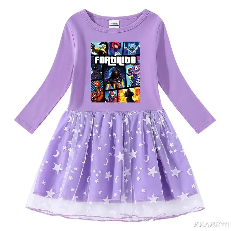 Юбка принцессы Fortnites сетчатая с длинным рукавом модная подарочная для маленьких