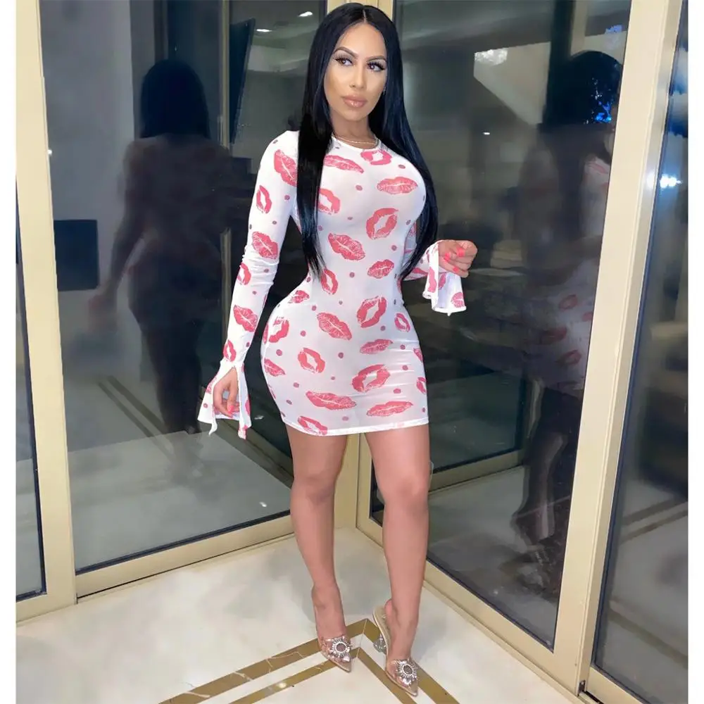 

STYLISH LADY Red Lip Mesh Dress 2020 Spring Summer Women Long Sleeve O Neck See Through Bodycon Night Club Party Sexy Mini Dress