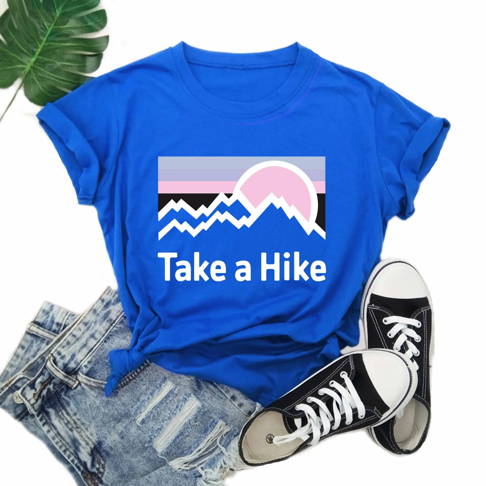 

Womens Take A Hike Printed Short Sleeves T-Shirt Casual Camping Hiking Graphic Tee Tops