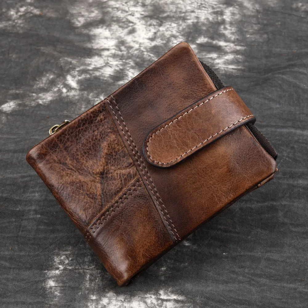 

RFID Crazy Horse Cow Leather Wallet Men Portomonee Card Holder Coin Purse Hasp Design Zipper Small Male Money Bag