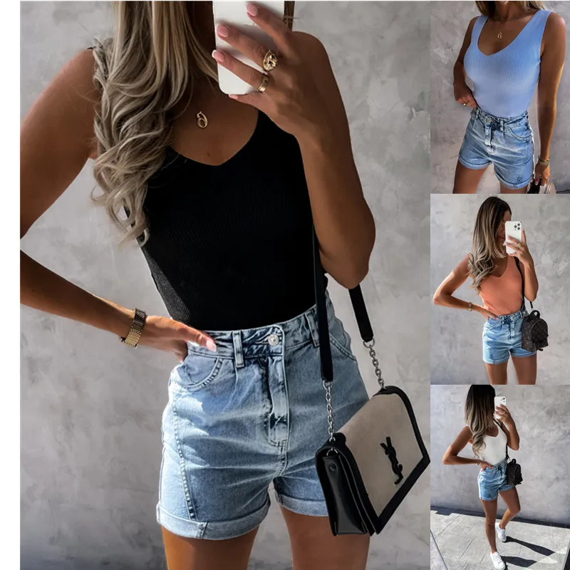 

2021 New Fashion Women Summer Tank Tops Ladies Casual Sleeveless V-neck Solid Slim Fit Vest Cotton Crop Tops Tees T-Shirts