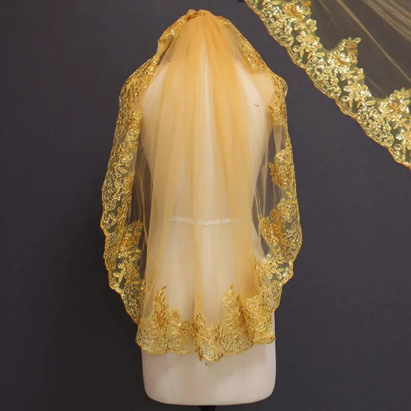 

Women Soft Mesh Metallic Gold Sequins Embroidered Lace Vintage Mantilla Wedding Veil Head Covering with Comb Party Costume