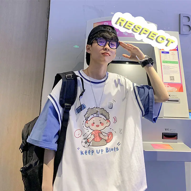 

[pure cotton] fake two student short sleeve T-shirts men's 2021 summer new Hong Kong style inschao T-shirt
