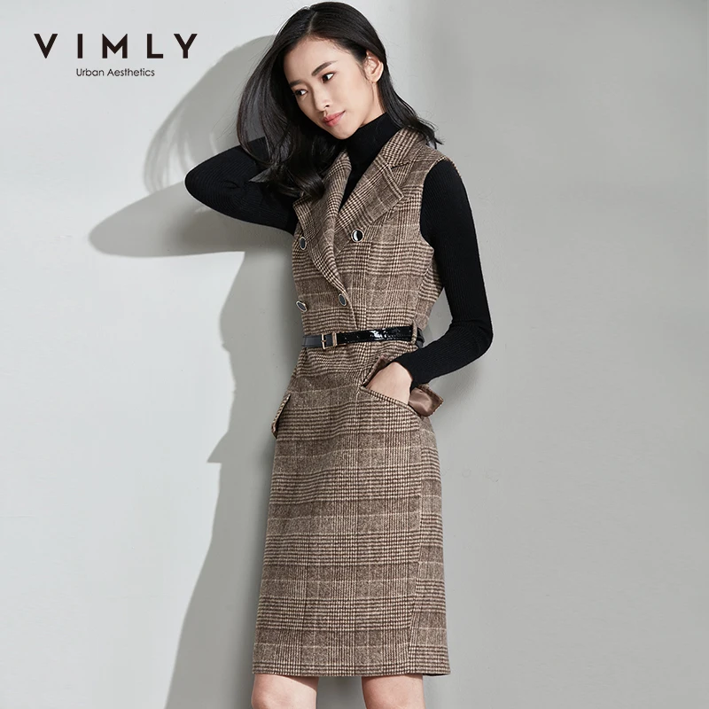 Женское шерстяное платье в клетку Vimly элегантное двубортное без рукавов полоску