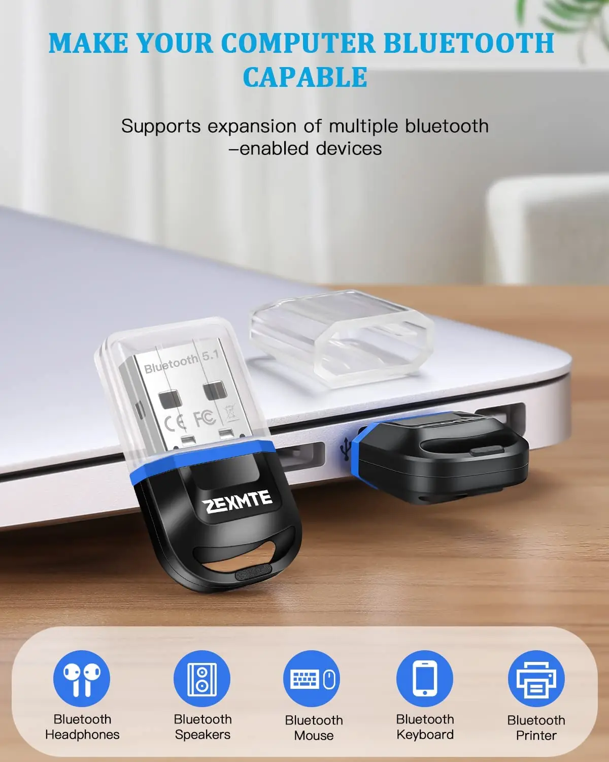 Адаптер Bluetooth Zexmte BT5.1 мини адаптер для ПК наушники динамики клавиатура мышь