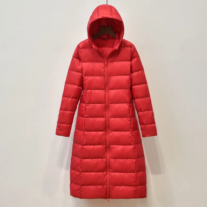red down jacket Luzuzi, пуховик, Женское пальто, ультра-тонкий светильник, одноцветное пальто, портативные парки, женский пуховик с капюшоном, длинная куртка, белый утиный пух - Color: red down jacket