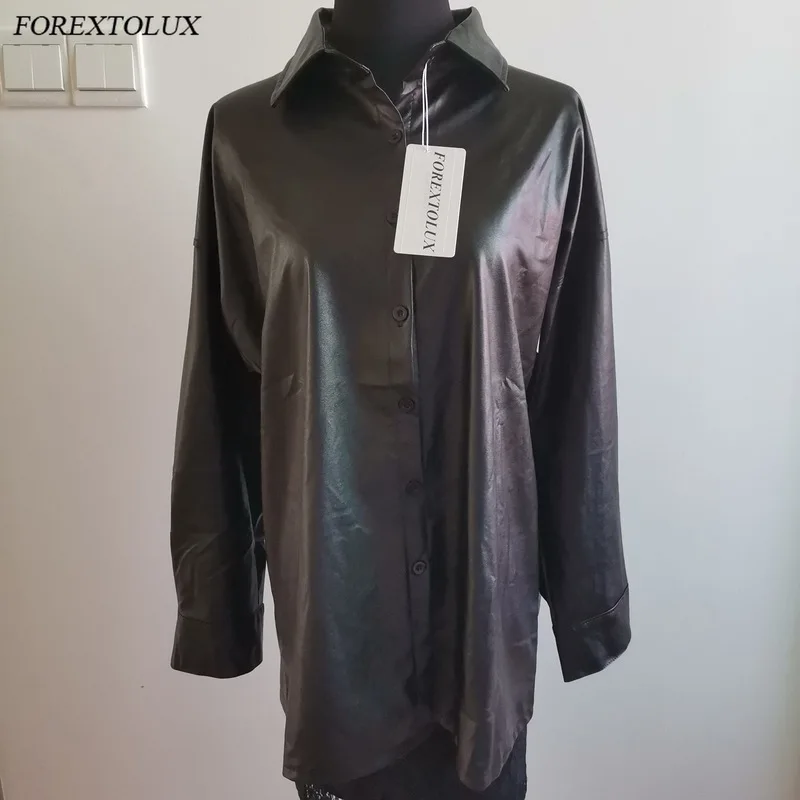 Рубашка женская оверсайз из мягкой искусственной кожи на пуговицах свободный