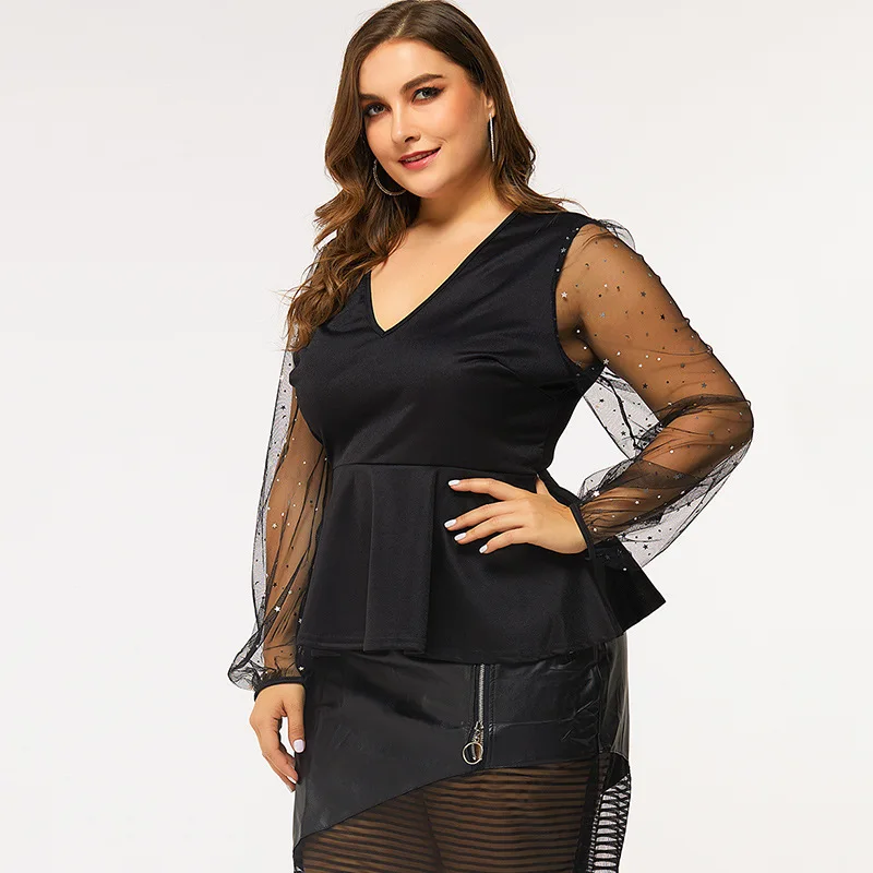 Женская блузка рубашка сексуальная v образный вырез пышная длинный рукав плюс