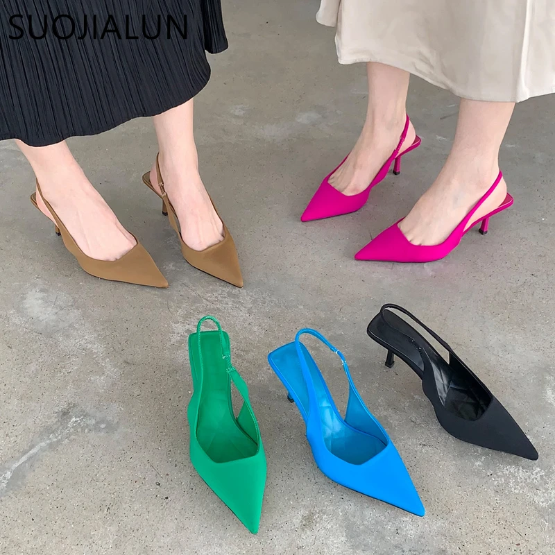 

SUOJIALUN Fashion Thin High Heels Slingback Sandals Pointed Toe Slip On Mules Shoes Ladies Elegant Shallow Pumps Party Dress Sho