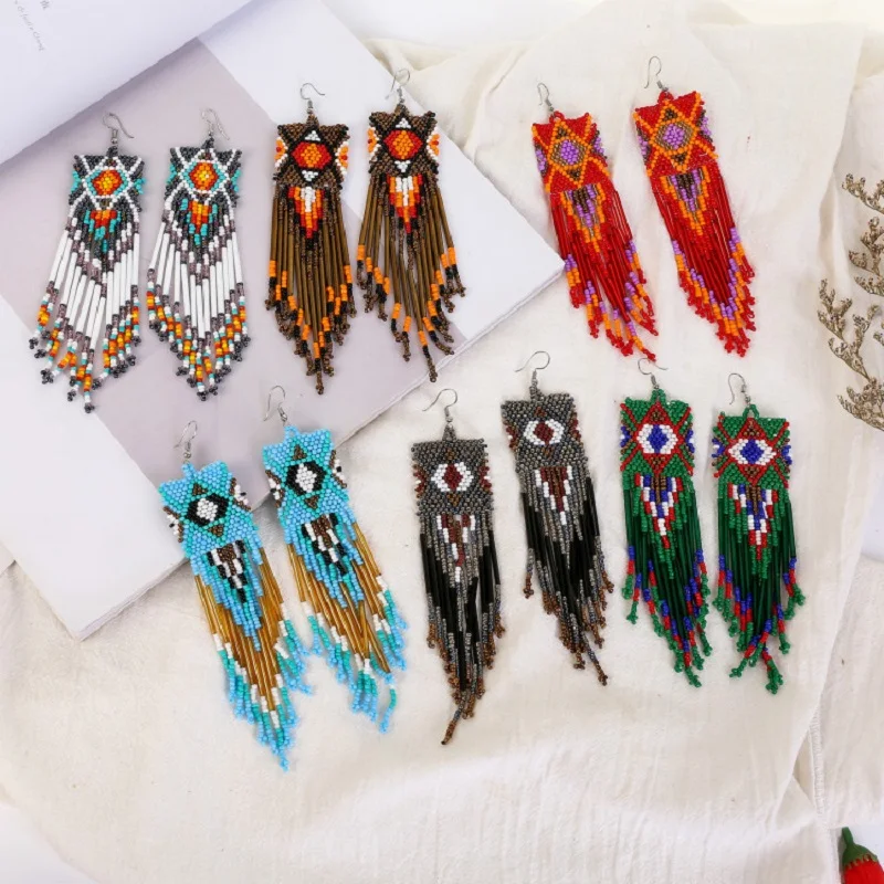

Женские длинные серьги-кисточки ручной работы, богемные сережки с бисером и разноцветными бусинами, Этнические украшения