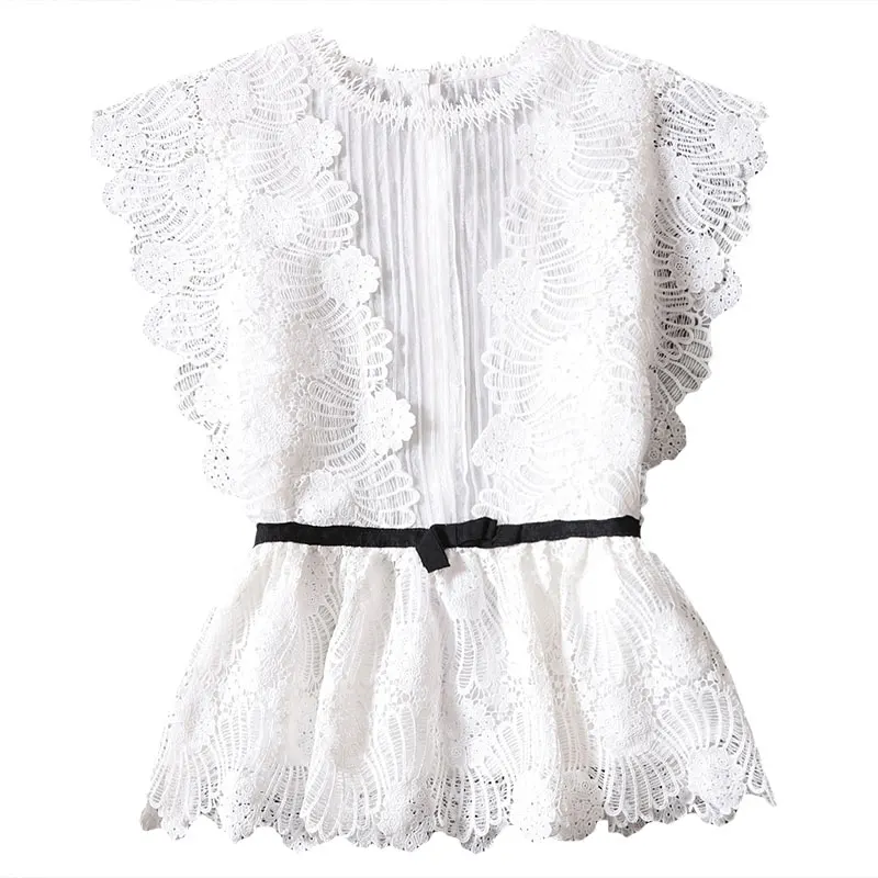 

lace women blouse 2020 summer new solid white ruffles sleeveless ruffles office lady elegant pulls outwear tops