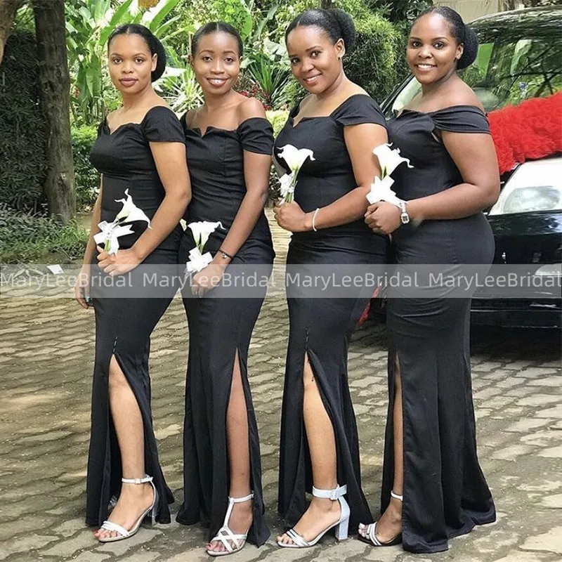 

Cap Sleeves Black Satin Bridesmaid Dresses Cheapest Mermaid Side Split Vestido Madrinha Women Sexy Long Dress For Wedding Party