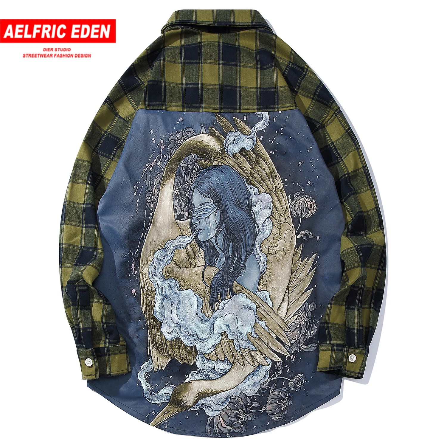 Aelfric Eden японский стиль Лоскутные в клетку с принтом мужские рубашки 2019 Harajuku