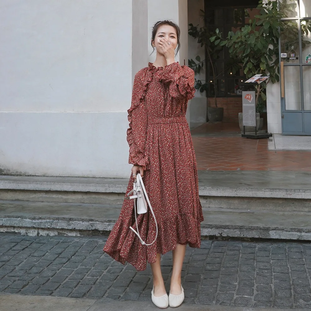 Женское шифоновое платье 2021весна осень новый товар Модное темно красное с