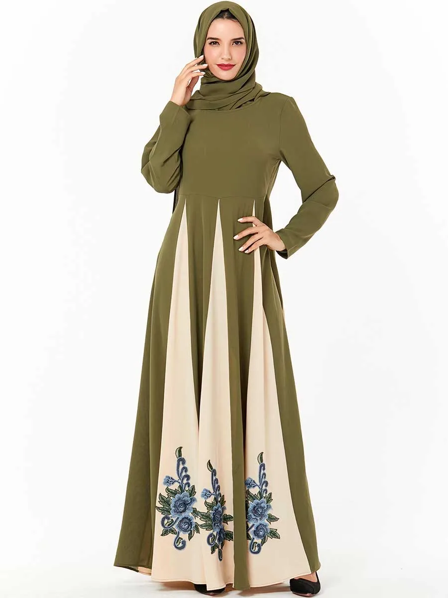 Muslim Dress Arabic Large Size Abaya Femme Caftan Marocain Green Embroidered Stitching Contrast Color Long Skirt | Тематическая
