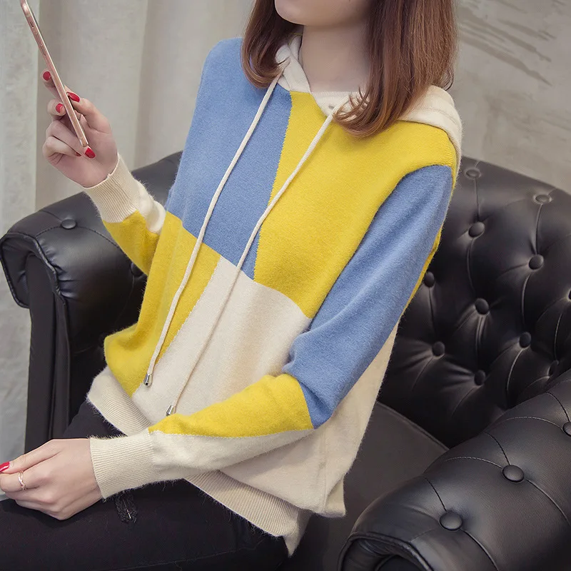Женский Цветной свитер с капюшоном пуловер Осень-зима 2020 новый корейский