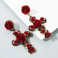 kmvexo baroque vintage gold cross earrings for women girls enamel rose flowers earrings brincos fashion statement jewelry 2020