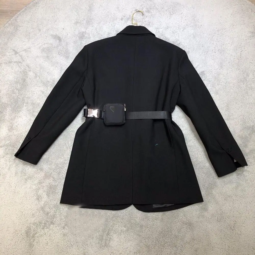 

Autumn and winter new product loose design big pocket small waist bag suit black solid color female jacket