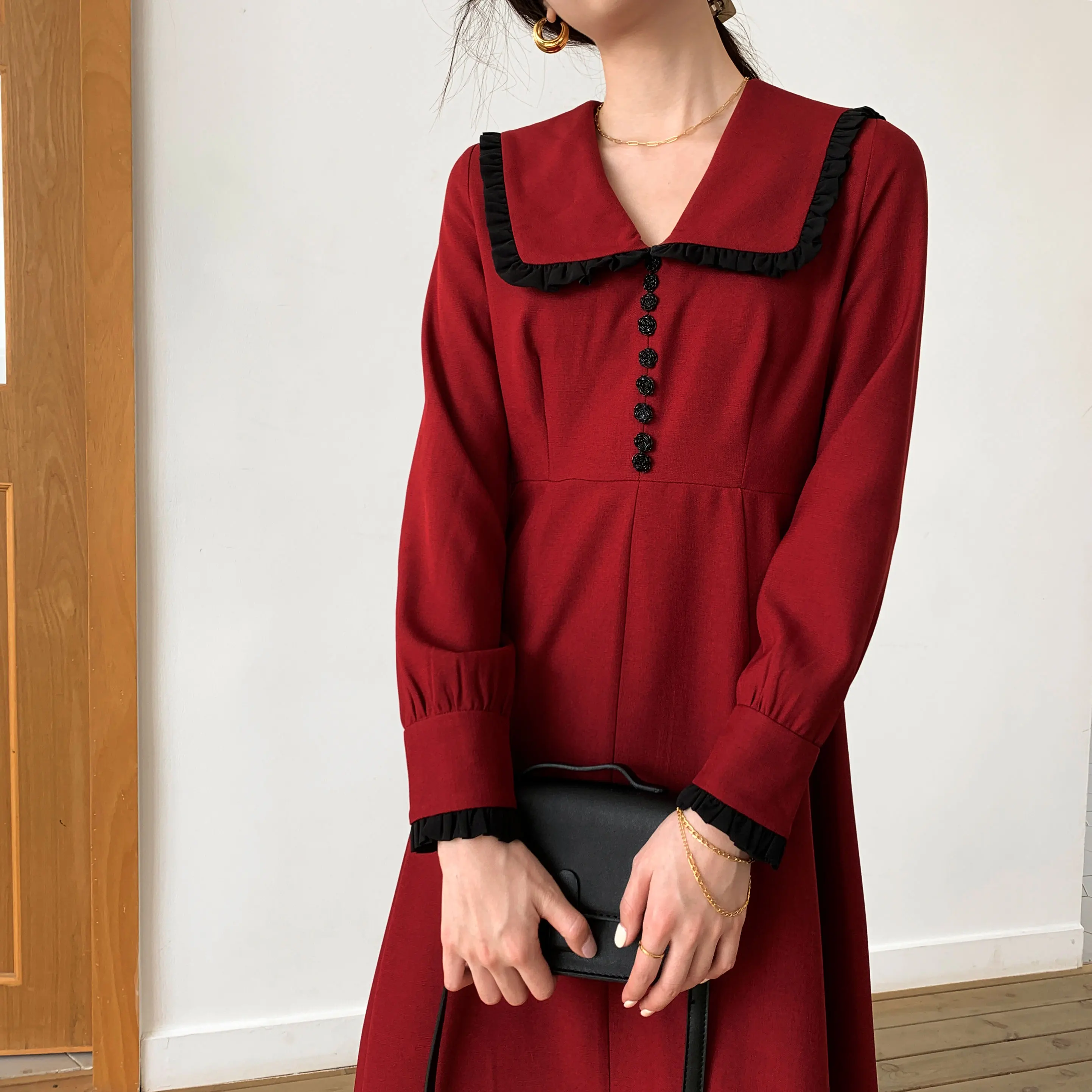 Женское платье в стиле колледжа Бордовое ретро женское с длинным рукавом