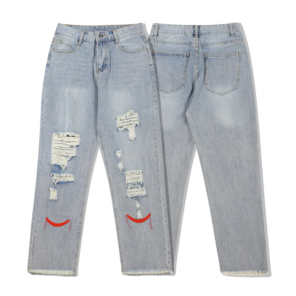 2021 Chic Hole Ripped Embroidery Retro Washed Men Baggy Jeans Trousers Rough Edges Hip Hop Straight Denim Pants Pantaloni Uomo
