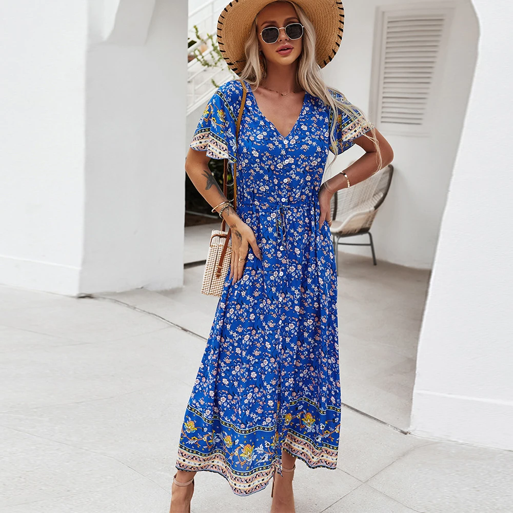 

Women Maxi Dress Floral Print V Neck Short Sleeve Summer Dress New Casual High Waist Button Bohemian Female Beach Dress Vestidos