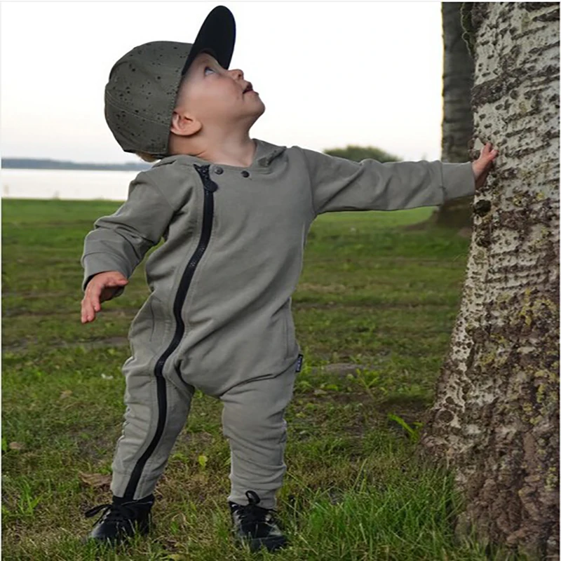 Осенний Детский комбинезон Модный однотонный на молнии с длинными рукавами и