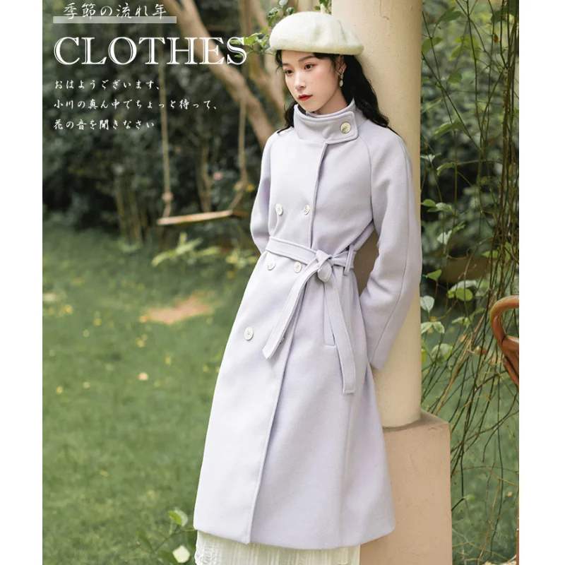 

Autumn Winter New Woolen Coat Elegant Women's Mid-length Fashion Long Sleeve Loose Belt Stand Collar Soild Chic Vintage Female