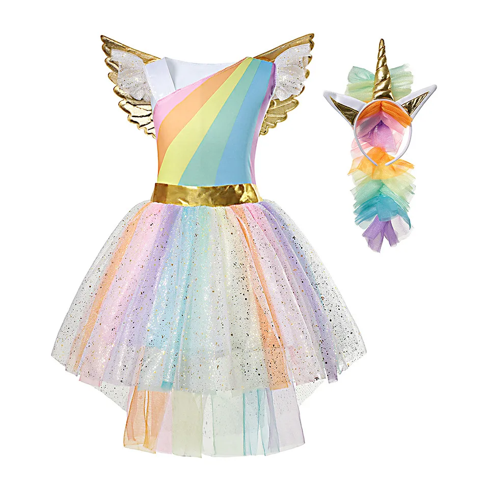 Girl Rainbow Unicorn Dresses Tutu Princess Party Children Christmas Halloween Cosplay Costume With Headband Wings 4-10Y |