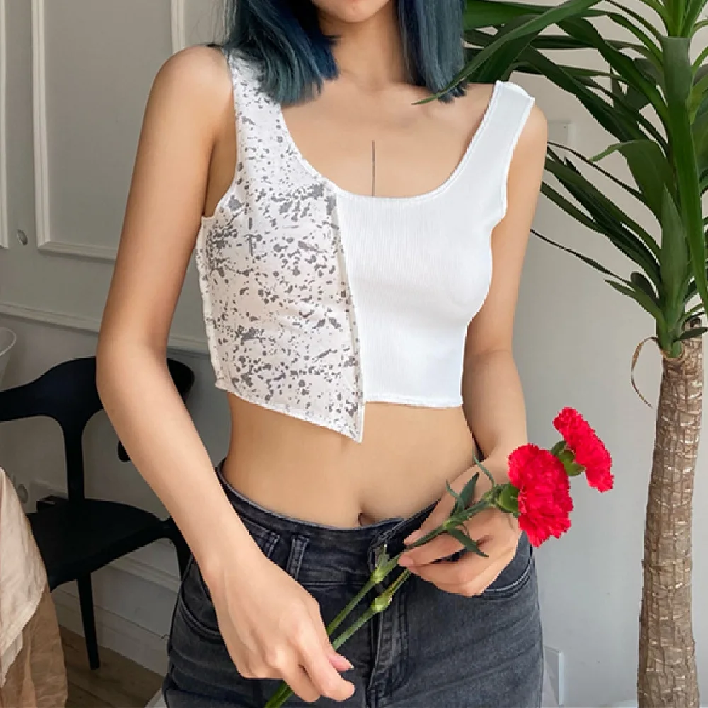 

Sexy Patchwork Tank Top Women Street Irregular Bodycon Vest Female Casual Strap U Neck Sleeveless Clothing Exposed Navel Wear