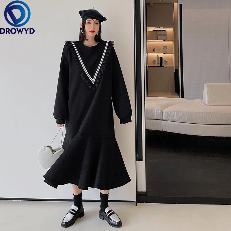 

2021 Women Black Maxi Dress Sailor Collar Long Sleeve Dresses for Ladies Casual Elegant Loose Thick Long Dresses Party Vestidos