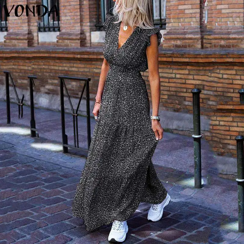 VONDA Bohemian Summer Dress 2022 Sexy V Neck Sleeveless Vintage Floral Printed Long Maxi Dresses Beach Holiday Vestido | Женская одежда
